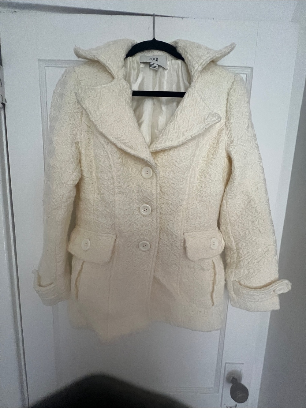 Forever 21 Cream Textured Pea Coat with Notched Collar